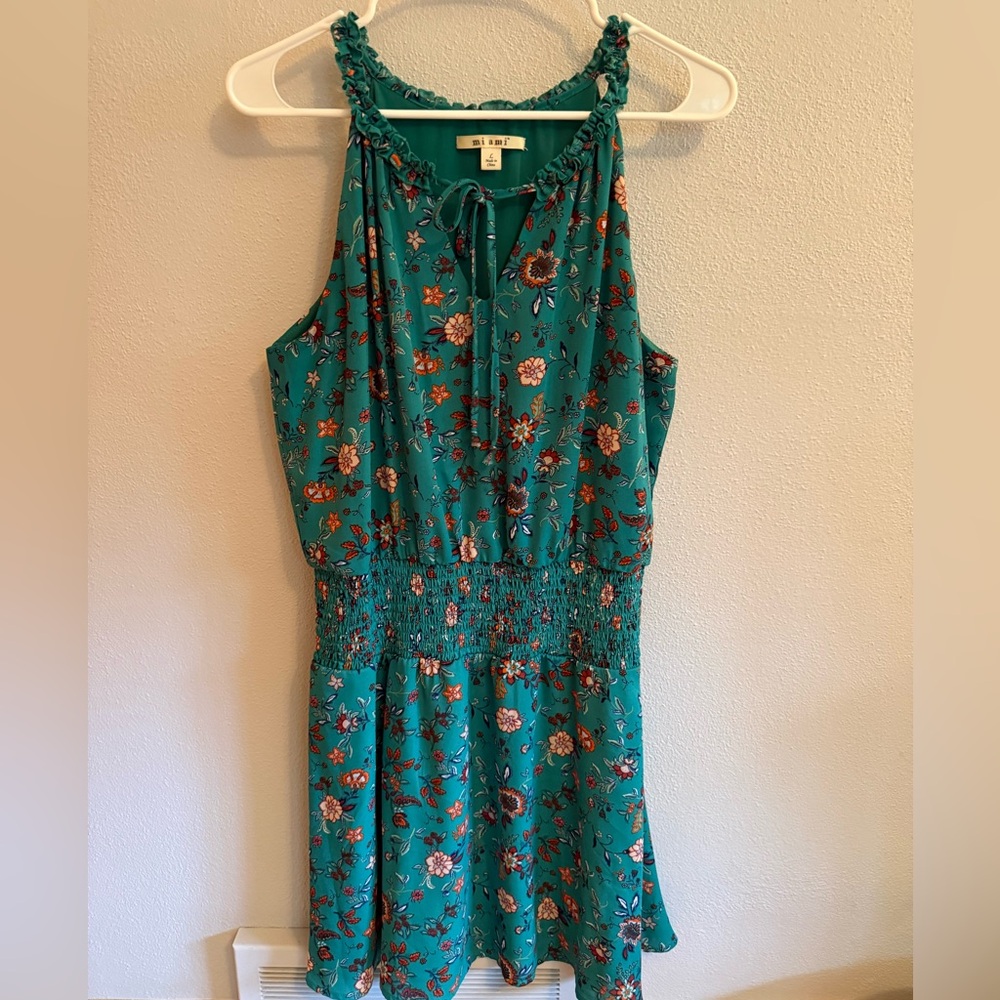 Francesca's Teal Floral Smocked Waist Sundress